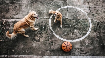 happy golden retriever dog on the basketball court, top view portrait. funny adorable dog sitting outdoors, view from above Dog with ball