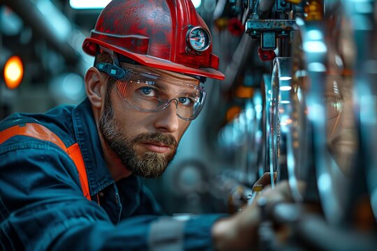Engineers in high-tech production line, busy with machinery, vibrant colors, wide-angle shot, bright lighting,