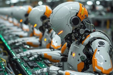 Automated assembly line, robots assembling electronics, sharp focus, medium shot,