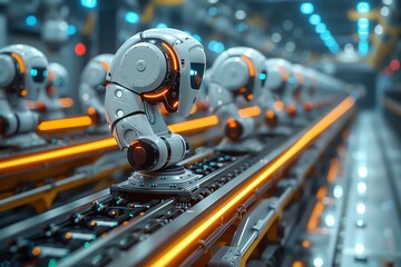 An ultra-modern robot assembly line, with sleek robotic arms precisely assembling small electronic parts, vibrant lighting, and a futuristic, clean environment