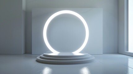 3D rendering of a futuristic stage with a large glowing ring in the center.