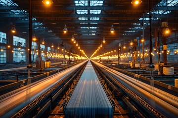 Automated textile mill, rows of machines weaving, warm lights, overhead view, - Powered by Adobe