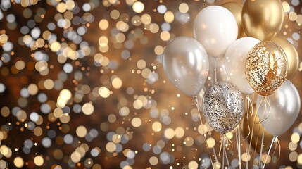 A celebratory setting with balloons and confetti in shades of gold, silver, and white