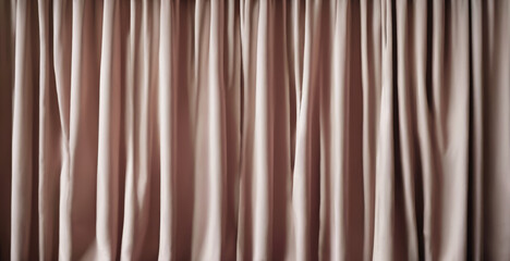 A pale theatre curtain hanging, closed, unmoved. Worn fabric, both haunting and familiar. Background or establishing shot. Front view.

