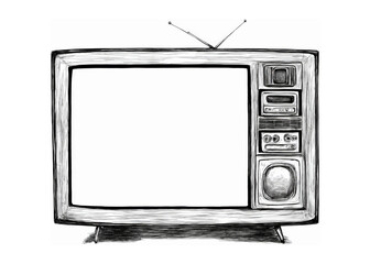 Illustration: ink sketch of a classic 1950s vintage television set, depicted from the front with an antenna. The screen is empty.
