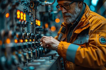 Close-up of an engineer's hands adjusting dials on a complex control panel, detailed and technical