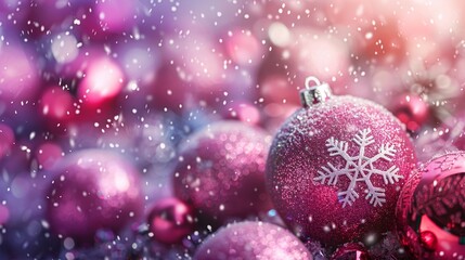 A Christmas background with snowflakes in pink and purple, balls
