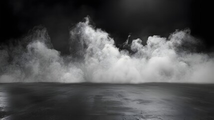 Fototapeta premium Fog covering a dark, wet floor. Atmospheric photography with a mysterious and eerie ambiance.