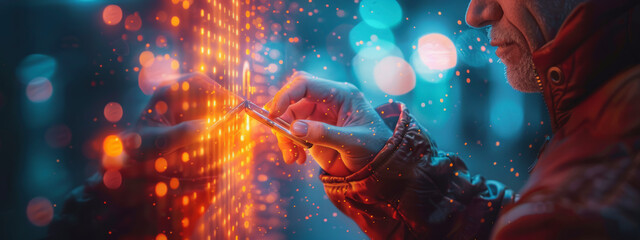 A person in a warm jacket interacts with a futuristic, glowing interface on a smartphone against a bokeh light background, suggesting digital connectivity.