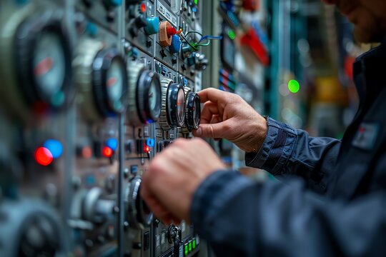 Close-up of an engineer's hands adjusting dials on a complex control panel, detailed and technical