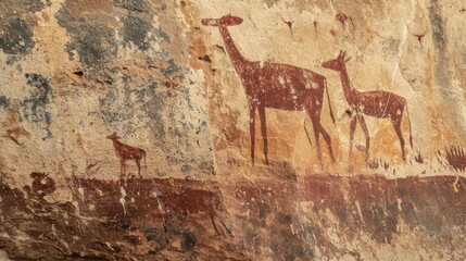 Prehistoric rock painting on ancient cave wall by caveman.
