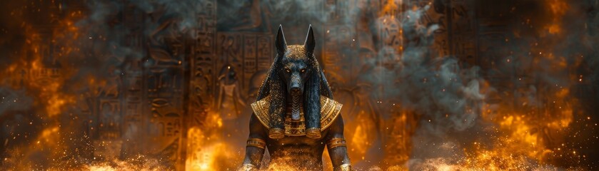 Anubis statue amidst fiery flames, surrounded by ancient Egyptian hieroglyphs, evoking a sense of ancient power and mystery
