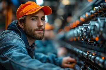 documentary-style image of engineers working on an assembly line, capturing candid moments, focus on expressions and teamwork, natural lighting, high detail