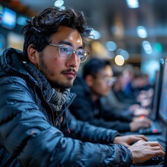 Engineers at workstations with dual monitors, cool tone lights, wide angle, busy tech hub