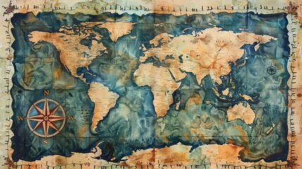 Educational watercolor of a world map with a compass rose, numbers, and letters around the border, encouraging navigation and reading skills