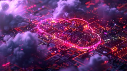 circuit boards and servers in cloud shapes, with a color palette of purple and pink