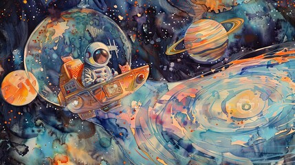 Enchanting watercolor featuring a small pilot and their pet floating in a space capsule, exploring a vividly painted solar system