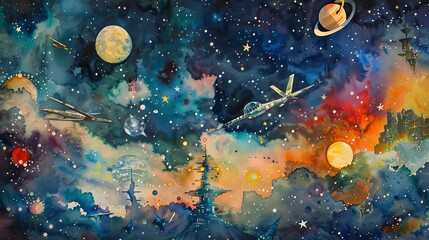 Enchanting watercolor of a nighttime sky scene with various flying machines exploring between twinkling stars and colorful planets