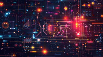 Obraz premium Abstract digital circuit board with various electronic components and connections, symbolizing complex technology, data processing, and modern computing.