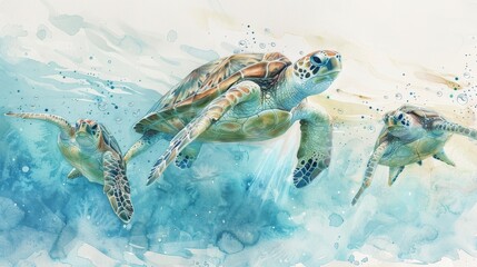 Gentle watercolor illustration of a mother sea turtle and her hatchlings on their first swim, the soft colors evoking a sense of wonder and discovery