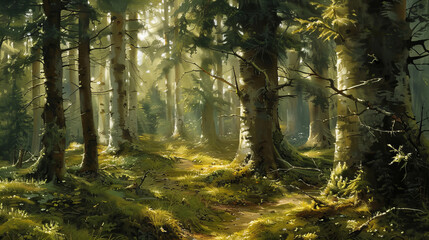 forest, trees, autumn, nature, tree, landscape, sun, woods, mist, light, fog, misty, path, fall, wood, sunlight, green, foliage, foggy, morning, pine, woodland, leaf, dawn, sunrise