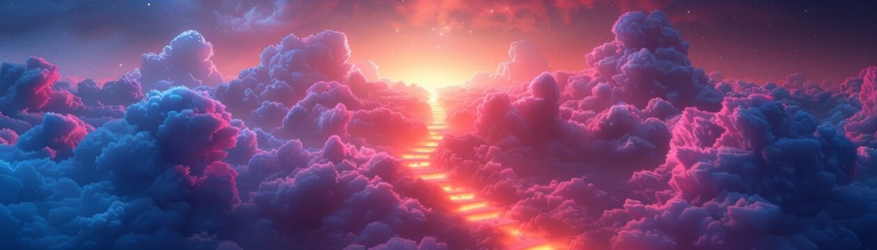 the sight of a digital stairway to heaven rising above a cloudscape, its steps bathed in a glitter effect that glimmers with divine grace