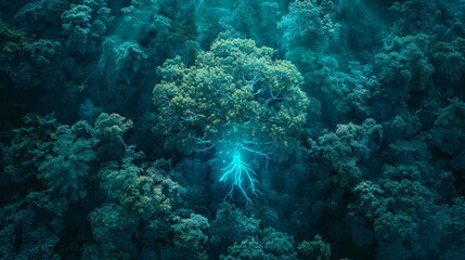 neon tree in the midst of a dense forest of lush green and neon blue