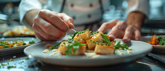 A chef is carefully plating a dish in a restaurant kitchen