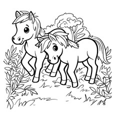 Cute horses illustration coloring page - Coloring book for kids