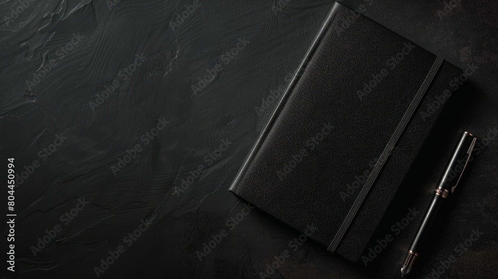 Wall mural black blank unbranded stationary notebook with pen and luxury pen case with lighter on black backgro