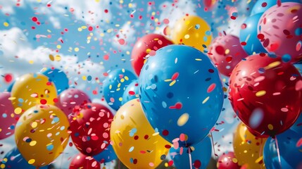 A festive scene of balloons and confetti for a birthday or party