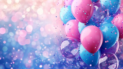 A festive setting with balloons and confetti in shades of blue, pink, and purple