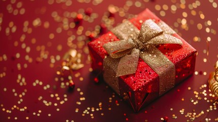A gift box with a golden ribbon on a red background