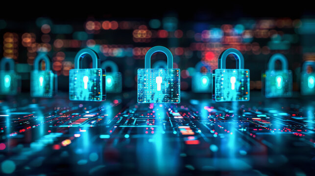 Digital padlocks over a futuristic circuit board background, symbolizing cybersecurity and data protection in the context of information technology and network security.