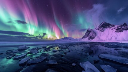 Beautiful aurora northern lights in night sky with snow mountain forest in winter.