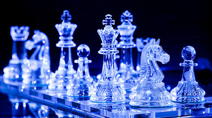 Elegant Glass Chess Set on Reflective Board.