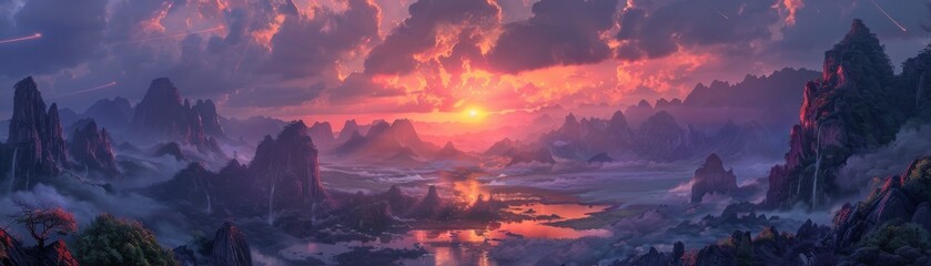 Beautiful landscape with mountains, a river, and a sunset background