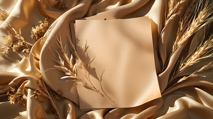 Minimal brand template with blank paper sheets dried grass soft sunlight shadows on gold silk cloth Top view aesthetic flat lay