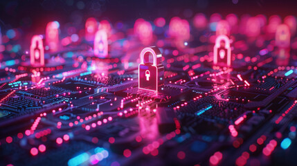 Digital concept of cybersecurity: 3D-rendered image showing glowing padlocks over a circuit board, representing data encryption and protection of information assets.