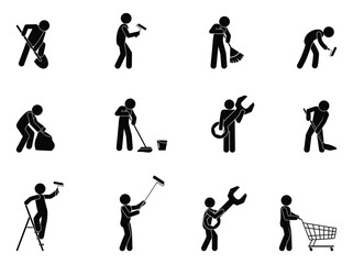 stick figure man, worker profession icon, isolated stickman pictograms with work tools