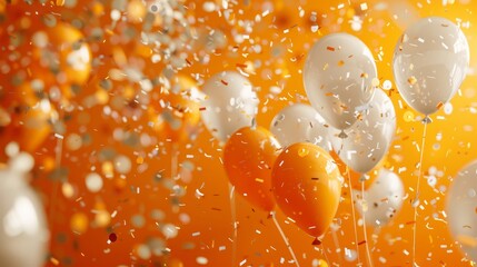 A lively display of balloons and confetti orange