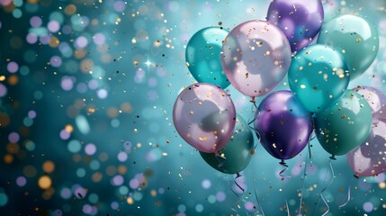 A lively scene featuring balloons and confetti in shades of blue, green, and purple