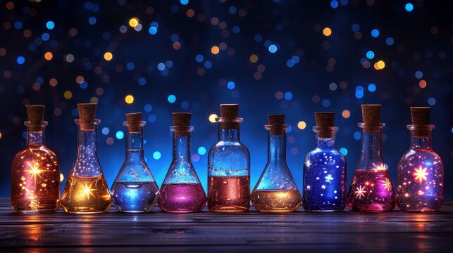 Chemical reactions taking place in a laboratory setting, with colorful liquids bubbling and fizzing in glassware.