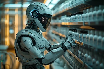 Pharmaceutical factory with sterile environments, robotic pharmacists formulating drugs, futuristic technology in healthcare