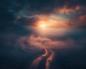 Ethereal sunset path amidst misty clouds, evoking tranquility background