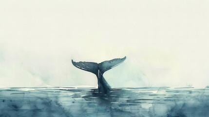 Minimalist watercolor depicting a whale's tail peeking above the water's surface, the simplicity of the image fostering a peaceful and dreamy atmosphere