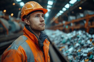 Recycling plant with advanced sorting technologies, conveyor belts separating materials, workers overseeing the automated systems