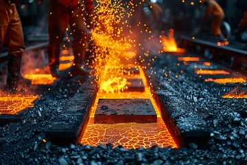 Steel factory with molten metal pouring, robotic arms handling the forging, dramatic lighting and sparks