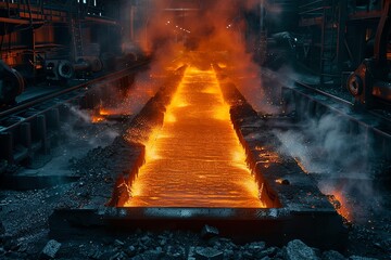 Steel factory with molten metal pouring, robotic arms handling the forging, dramatic lighting and sparks
