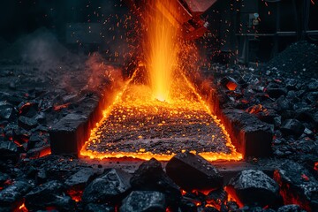 Steel factory with molten metal pouring, robotic arms handling the forging, dramatic lighting and sparks